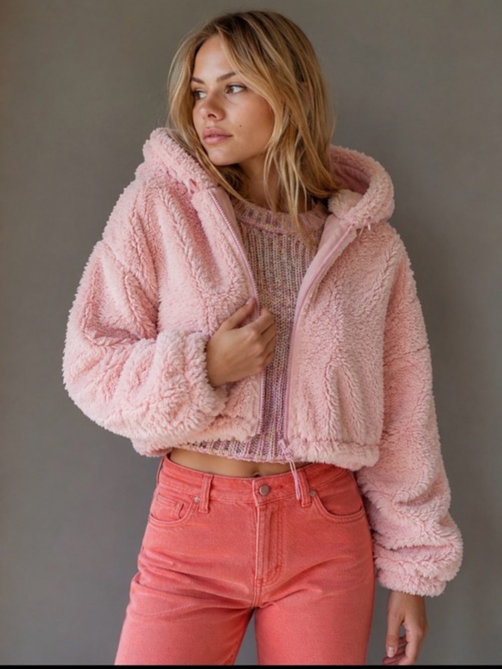 Urban Outfitters BDG Pink Fuzzy Sherpa Cropped Hooded Jacket Size M